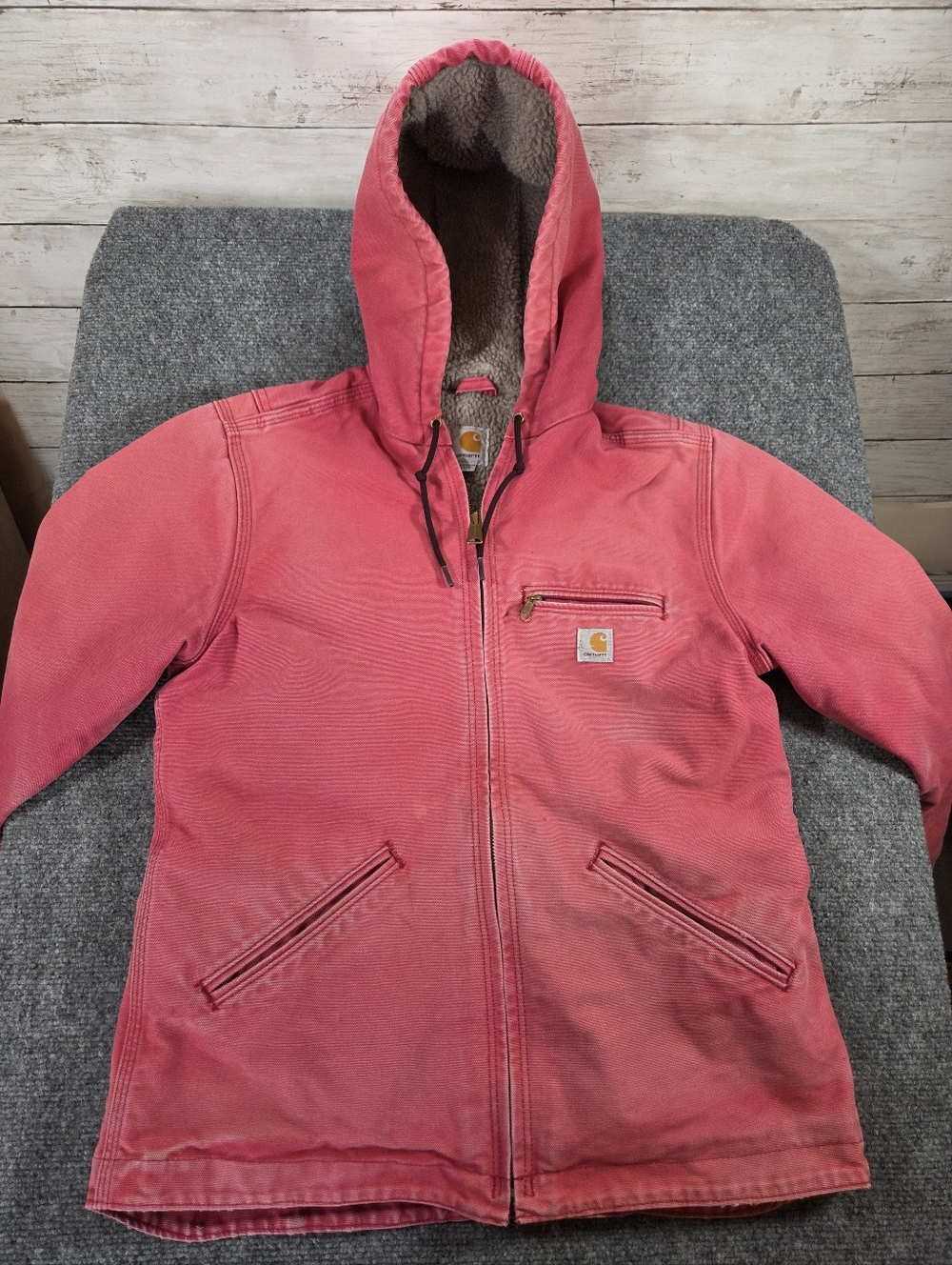 Carhartt Women’s Small 4/6 Pink Sherpa Lined Hooded Jacket Workwear Distressed